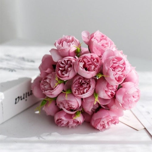 Rose Pink Peony Artificial Flowers Silk Bouquet 27heads Roses Fake