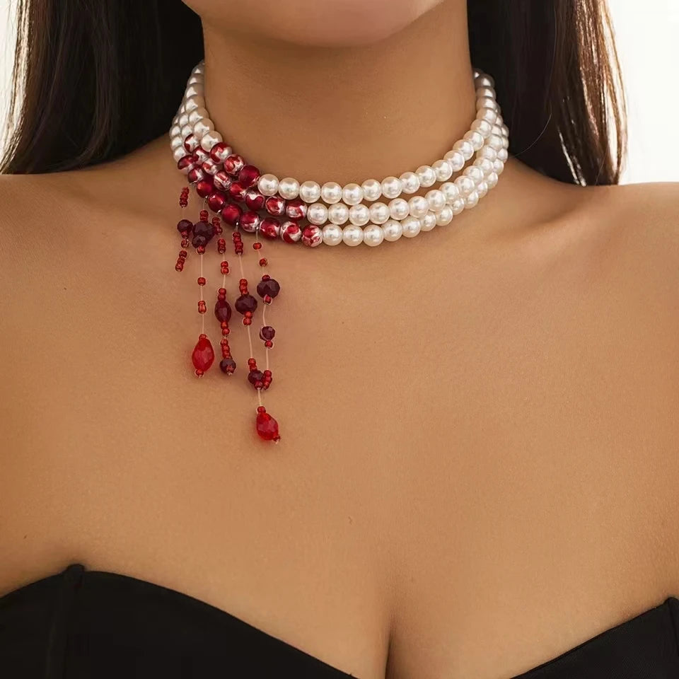 Vintage Multilayer Red Blood Pattern Imitation Pearl Tassel Long