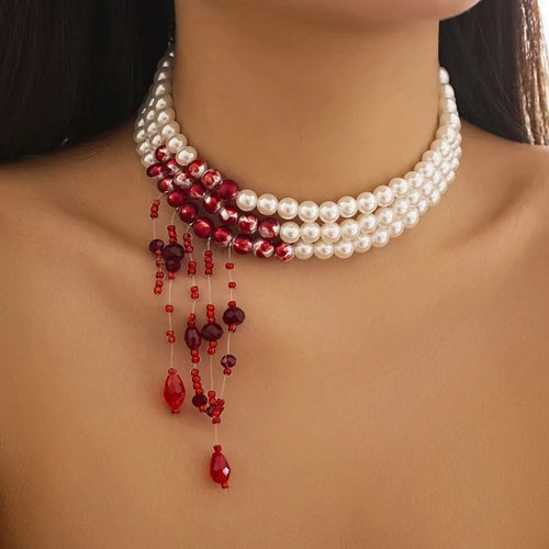 Vintage Multilayer Red Blood Pattern Imitation Pearl Tassel Long