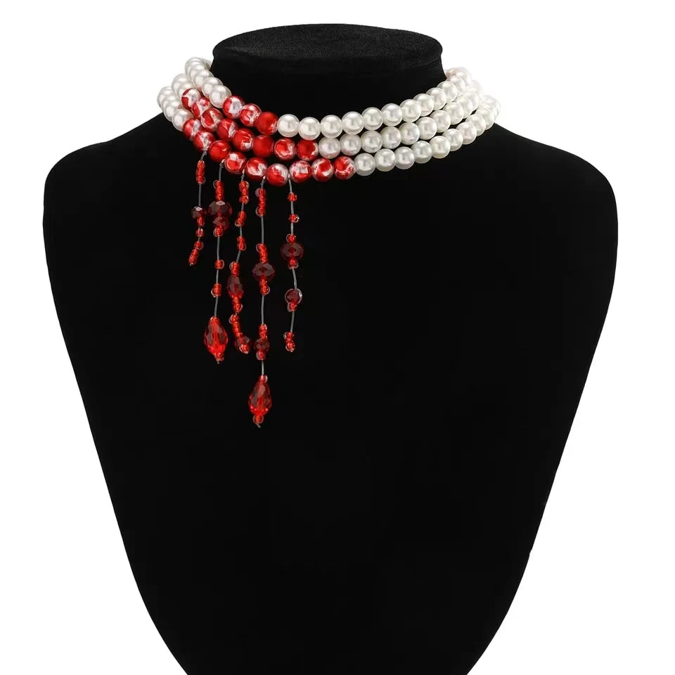 Vintage Multilayer Red Blood Pattern Imitation Pearl Tassel Long