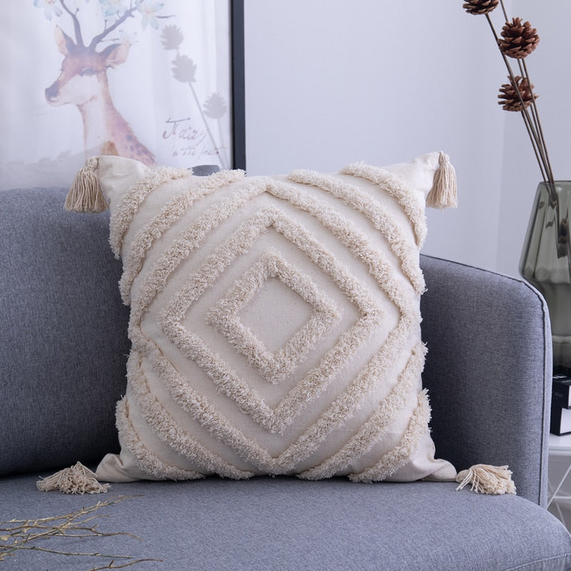 Tassels Cushion Cover 45x 45cm/30x50cm Beige Pillow Cover  Handmade