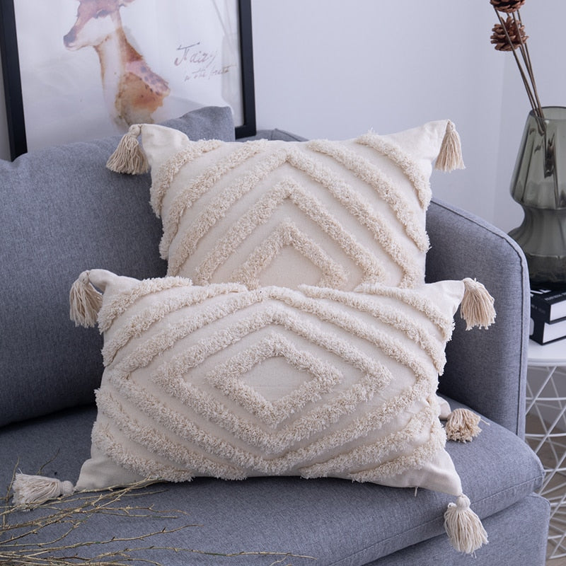 Tassels Cushion Cover 45x 45cm/30x50cm Beige Pillow Cover  Handmade