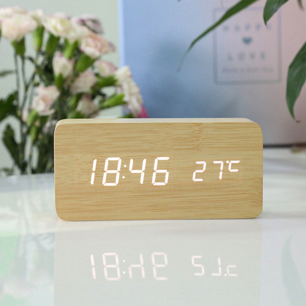 Wooden Wall Clock Electronic Watch Desk Digital Despertador Alarm